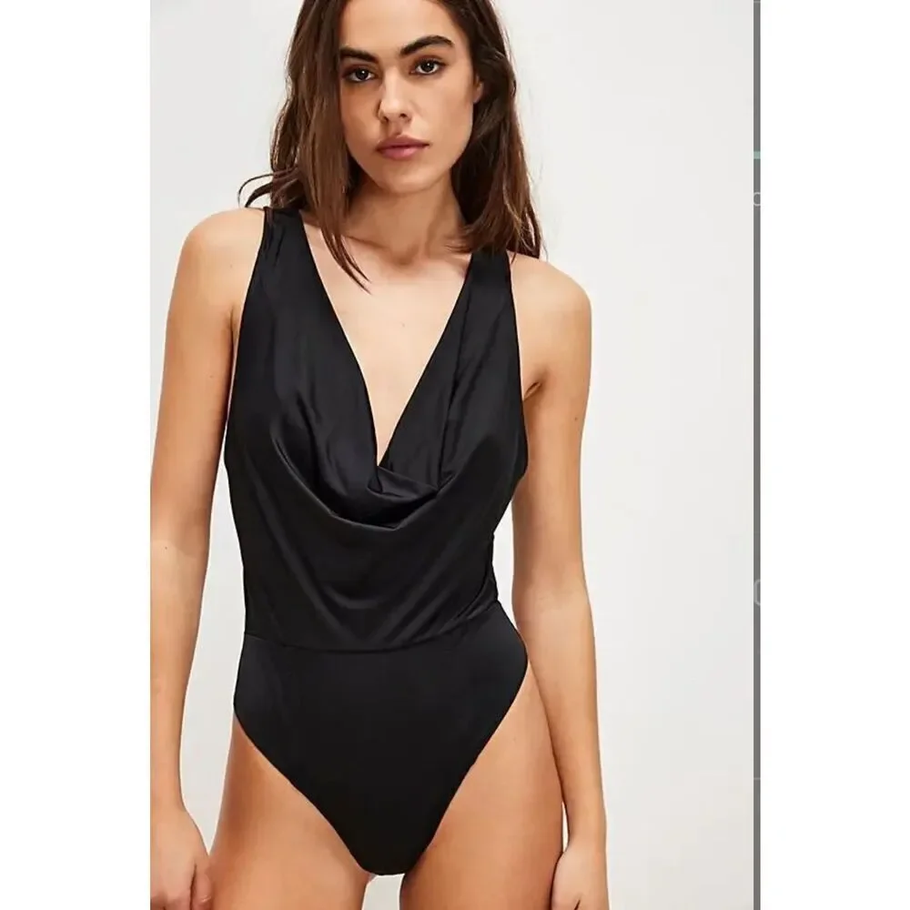 Free People Size XS Cowl Neck Slinky Bodysuit Black Cocktail Party Contemporary